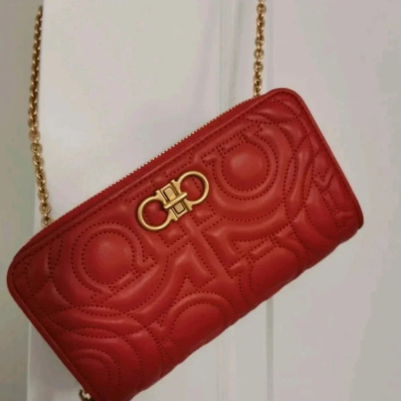 Salvatore Ferragamo WOC Scarlet Red Wallet on Chain Authentic Bag Crossb… - Picture 13 of 15